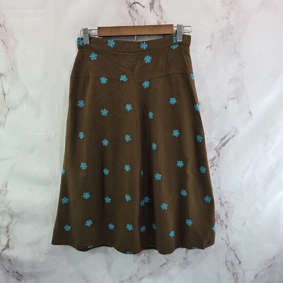 Vintage Skirt Womens XS 26 2 Brown Midi Button Embroidered Prairie Cottagecore - Picture 4 of 13